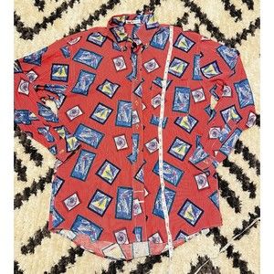 Nautical Beach  Novelty Vintage Sail Boat Print  Long Sleeve Shirt Medium M